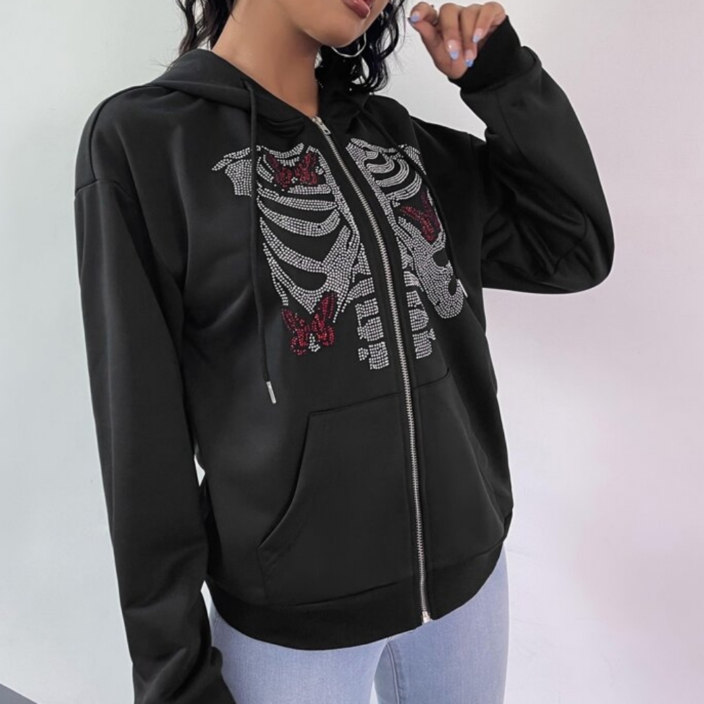 Y2K style butterfly and skeleton rhinestone black zip‎ up hoodie sweatshirt L